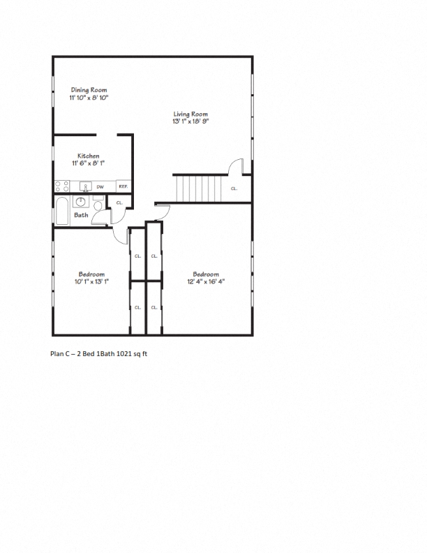 Floor plan for 2 beds, 1 bath, 1021 sqft